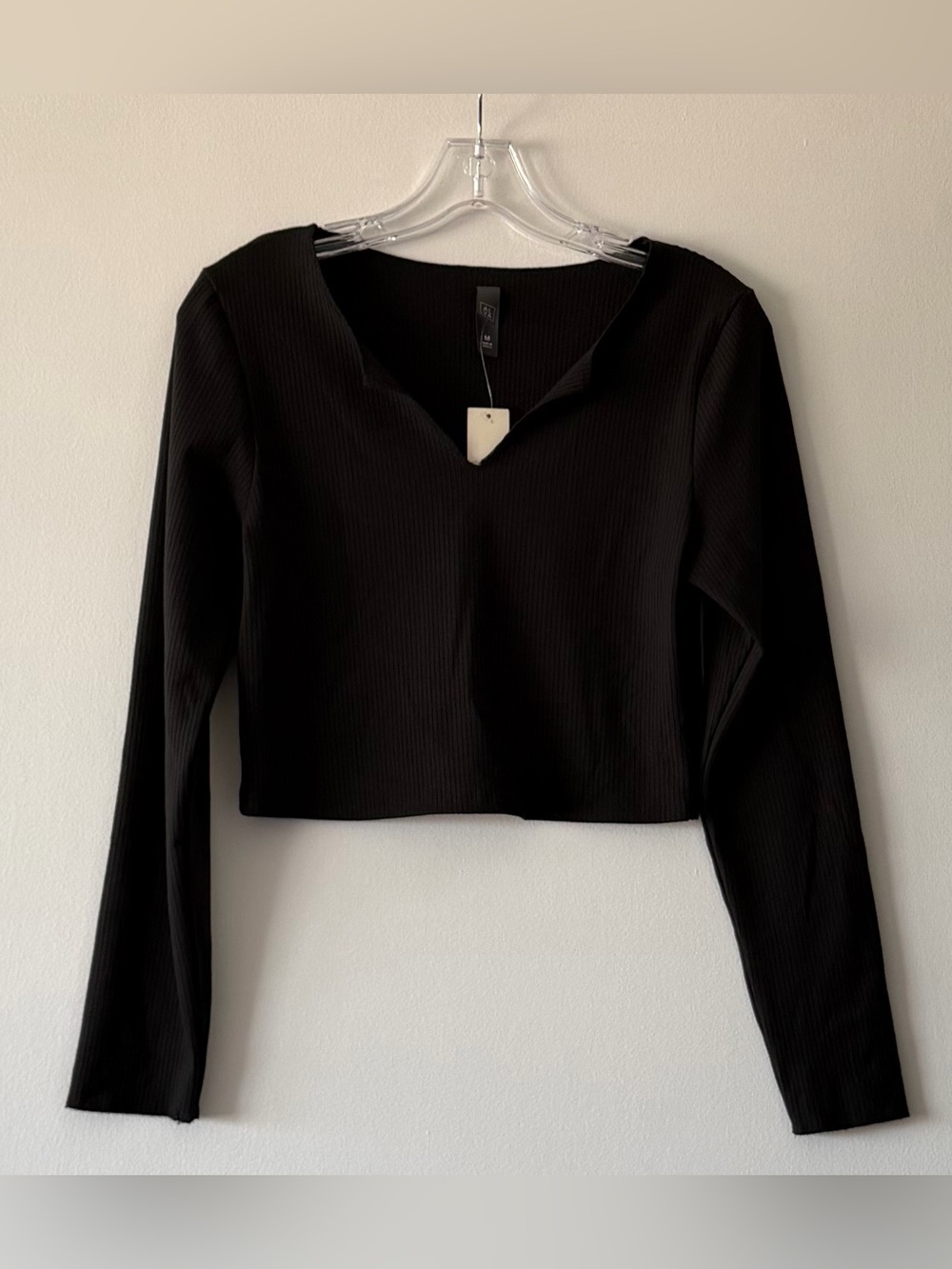 NWT Francesca’s ALYA Ribbed Long Sleeve Crop Top Notch V-Neck Black Medium